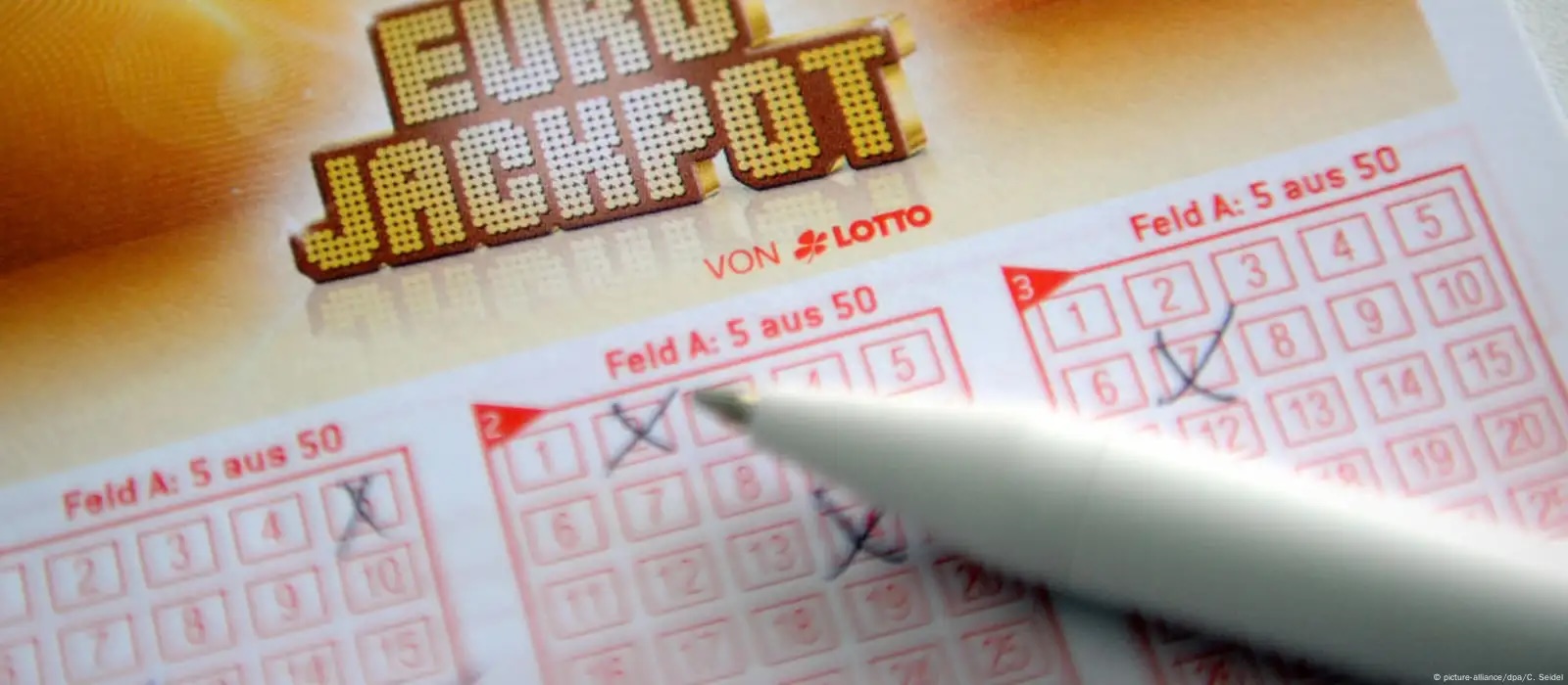 Eurojackpot lottery ticket with numbers being marked